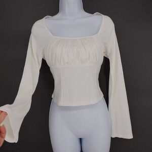 Poof Y2K Womens Milkmaid Babydoll Top Sz L White Flare Sleeve Cropped Rib Knit